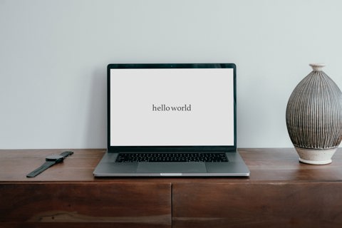 Hello world written on laptop screen